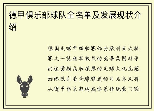德甲俱乐部球队全名单及发展现状介绍